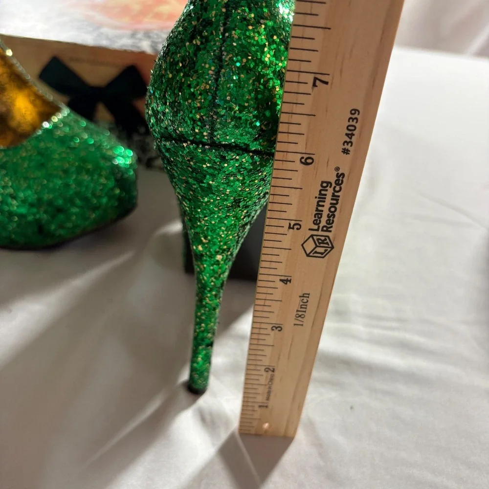 Bordello Teeze-06G Green Glitter Platform Pumps Womens 9 Burlesque Stiletto Heel
